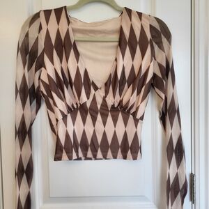 Elegant Brown and Cream Diamond Pattern Blouse